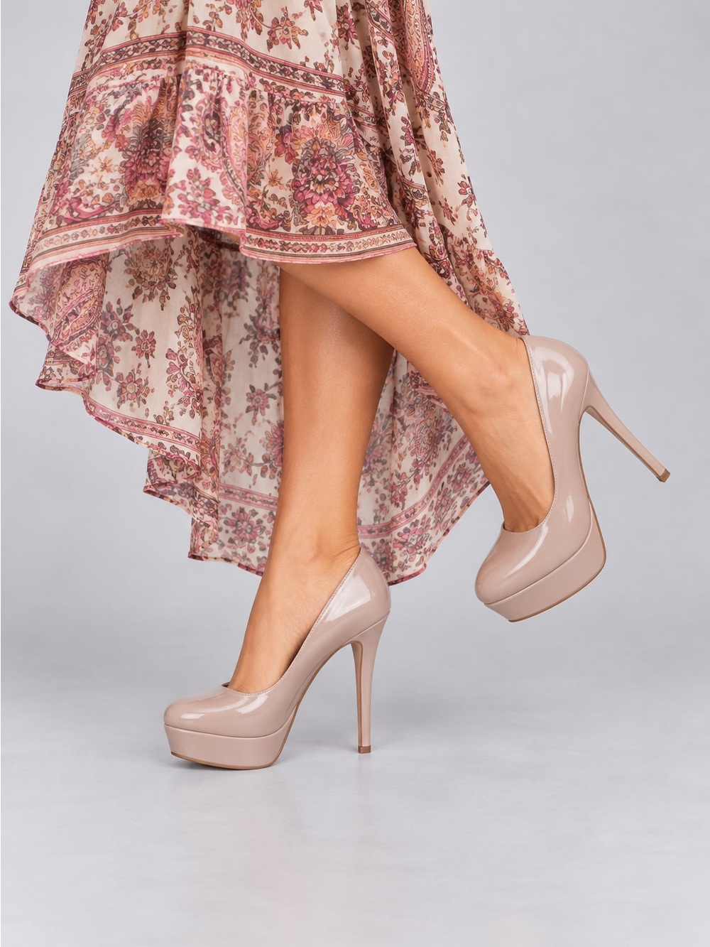 Ladies Nude Patent Platform High Heel Pumps - Women Shoes